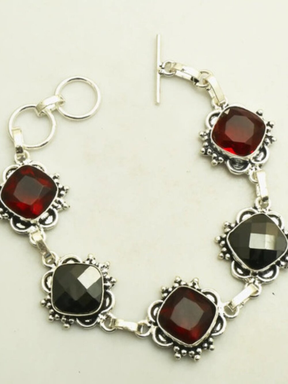 Beautiful Garnet Gun Metal Gemstone Sterling Silver Bracelet 23 Gms
